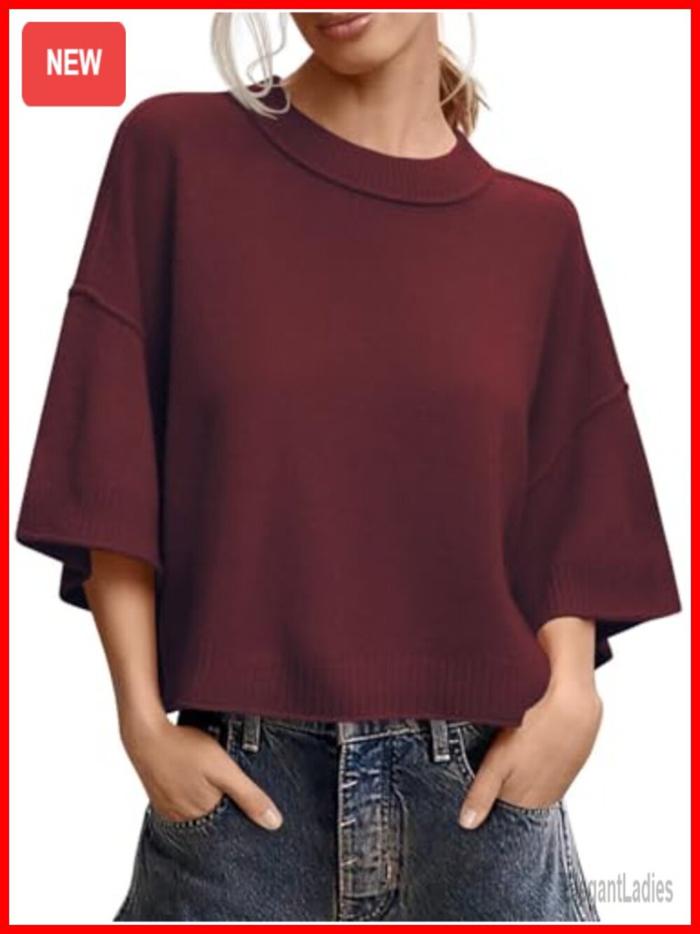 Cropped Sweater Women Short Sleeve Oversized Loose Fit Crew Neck Casual Top